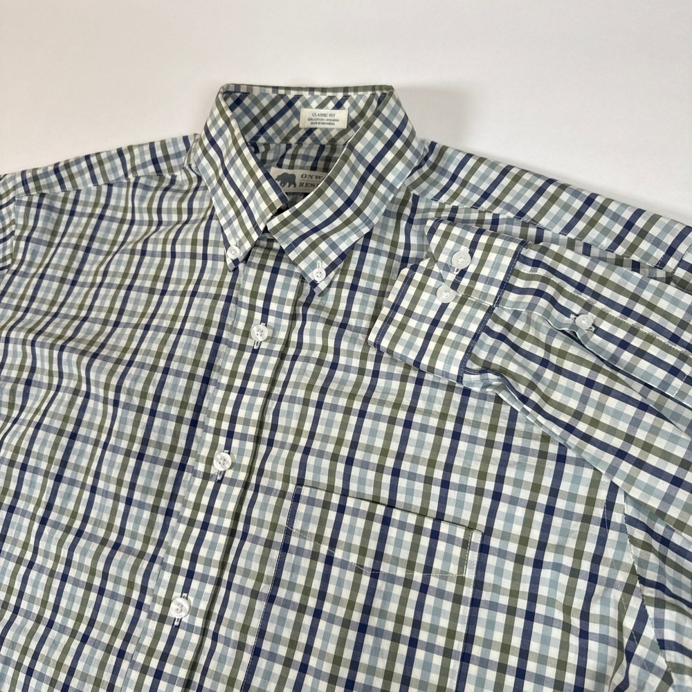 Onward Reserve Shirt Mens Medium Green Blue Plaid Non Iron Preppy Button Down